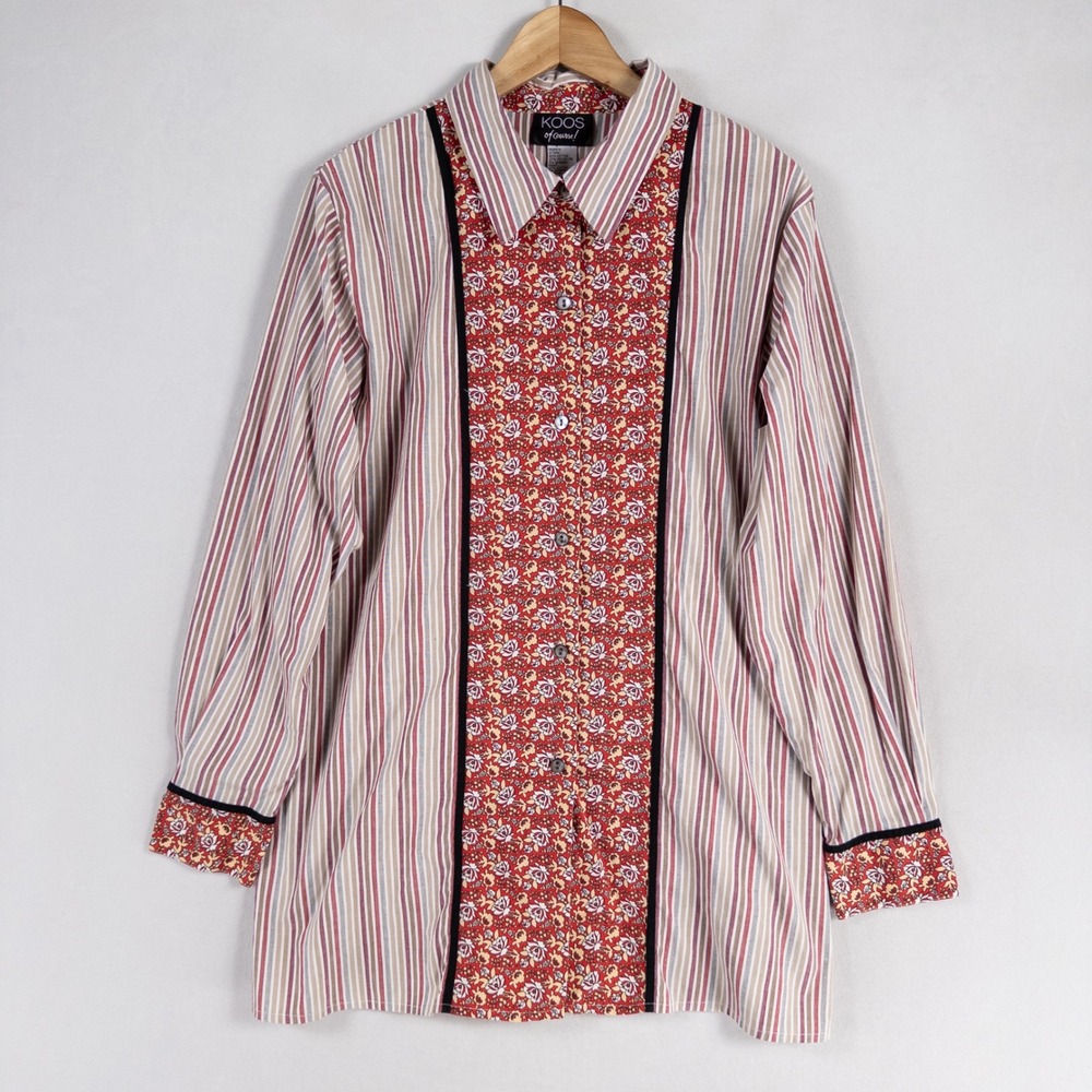 KOOS of Course! Shirt Womens Large Multicolor Striped Floral Button Up Tunic